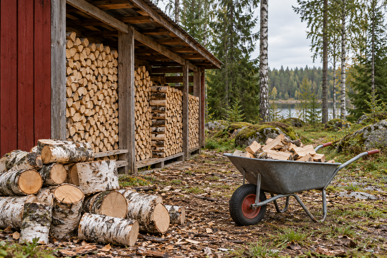 Staplad björkved och en skottkärra med ved vid en röd vedbod i nordisk skogsmiljö