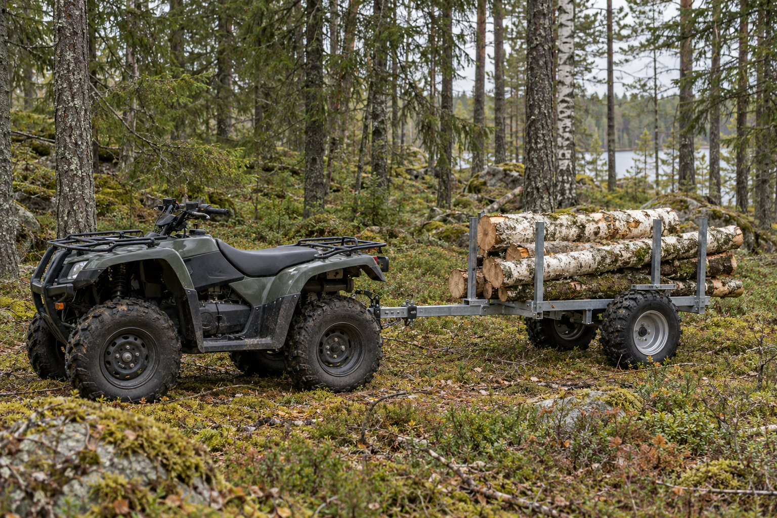 ATV med kompakt skogsvagn mellan träd i nordisk barrskog.