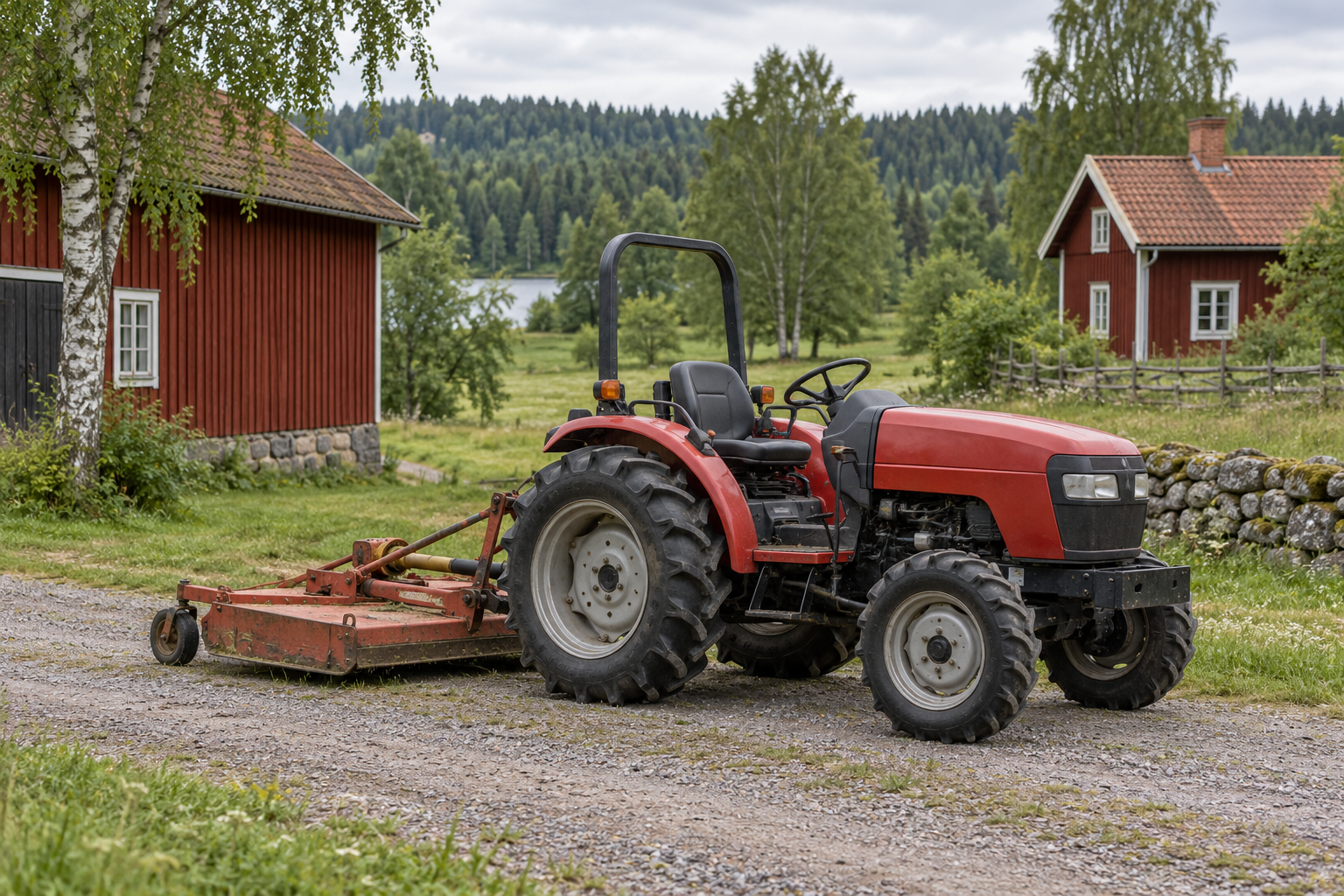 Röd kompakttraktor på en grusväg vid svenska gårdsbyggnader