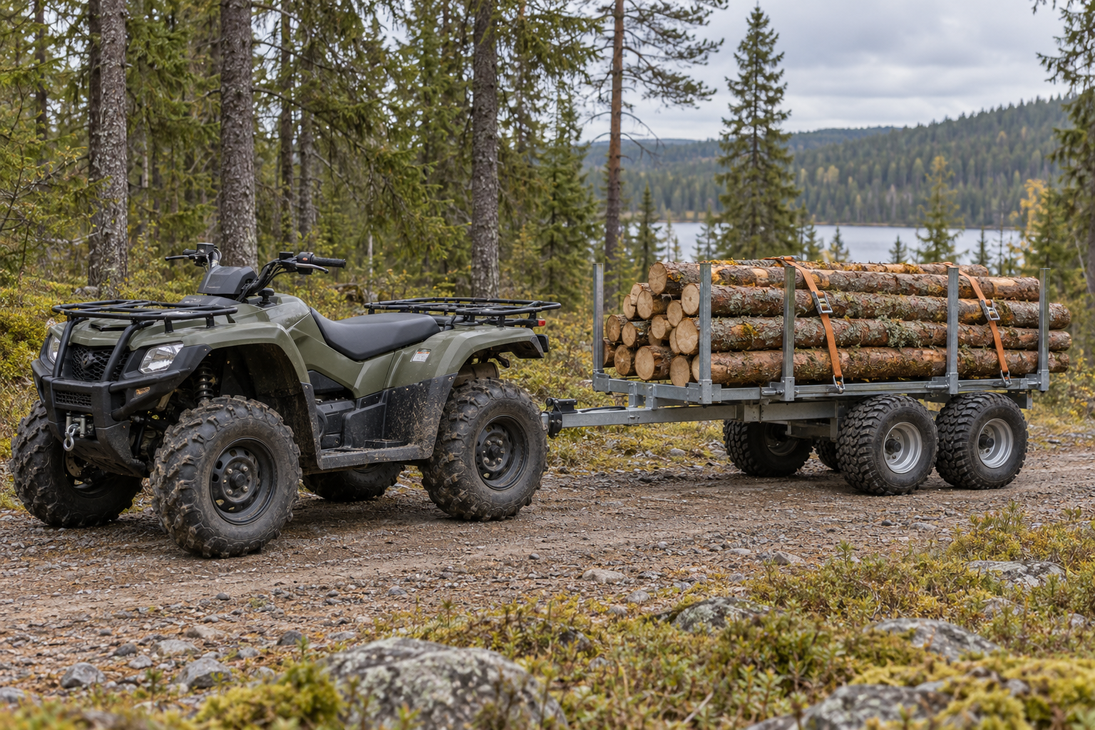 ATV med skogsvagn lastad med virke i nordisk skog.