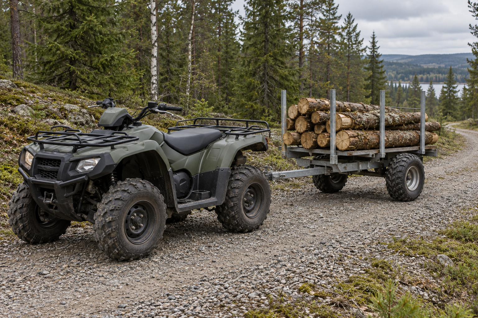 Fyrhjulsdriven ATV framför lastad skogsvagn på nordisk skogsväg.