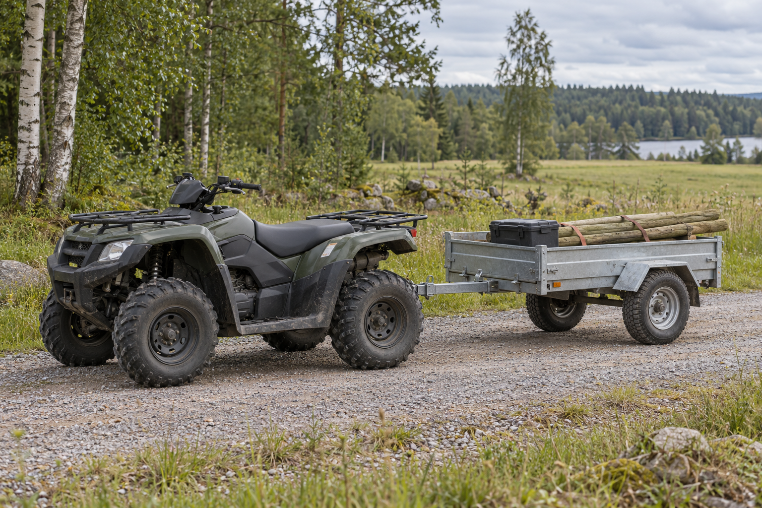 ATV med lastvagn och stängselstolpar på en grusväg vid en björkhage