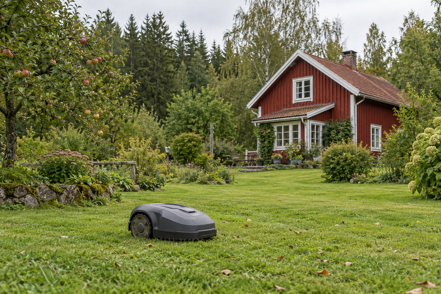 Robotgräsklippare på en gräsmatta framför ett rött trähus i nordisk trädgård