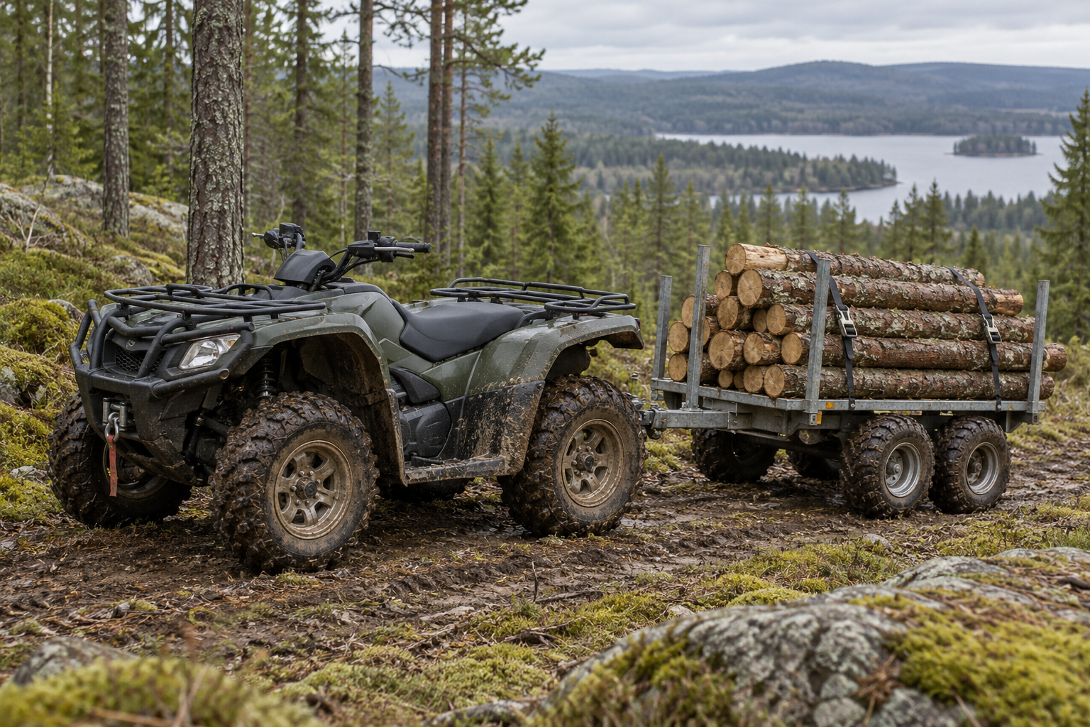 ATV med skogsvagn på mjuk skogsväg i kuperad nordisk terräng.