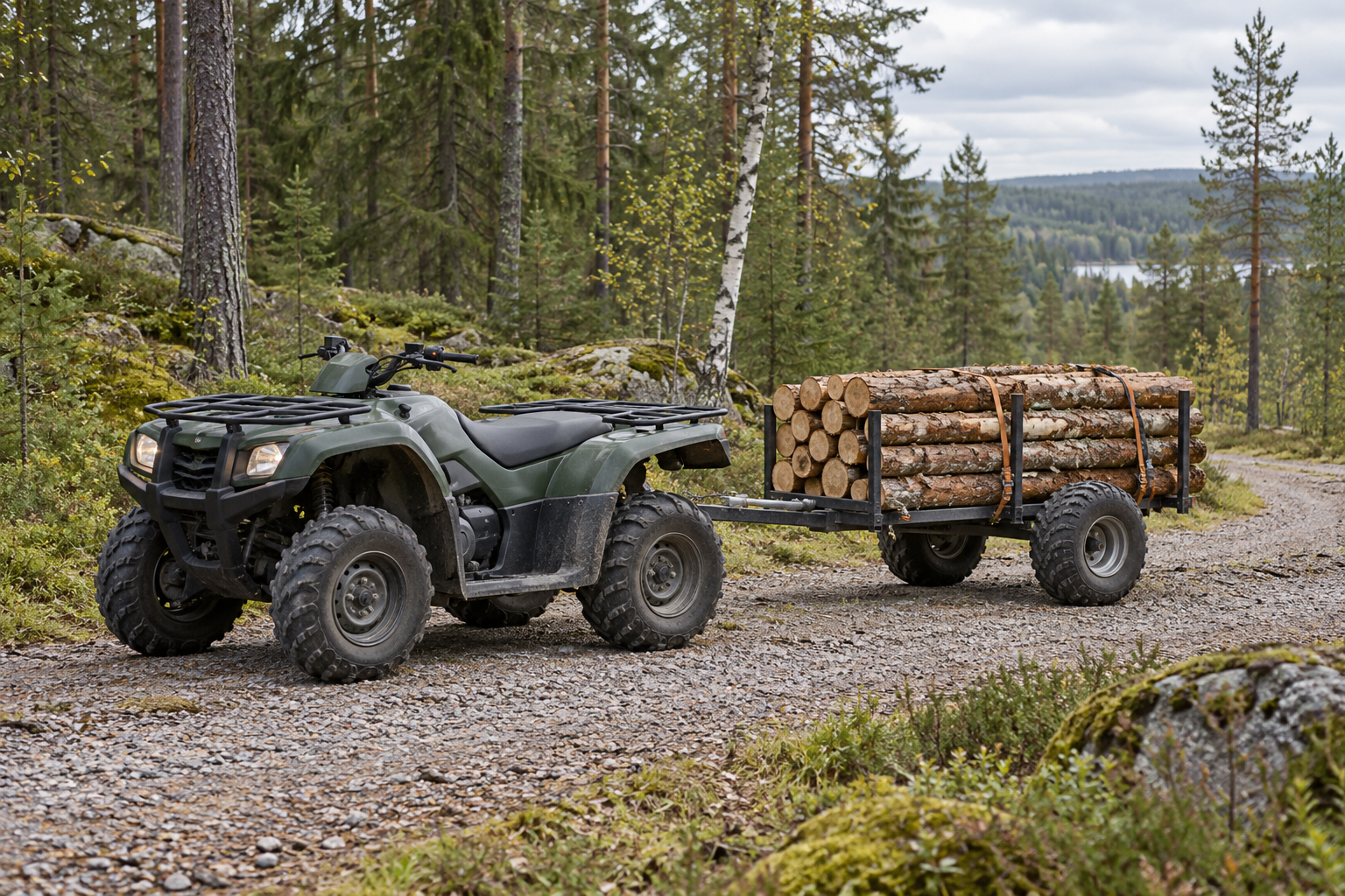 ATV med timmerlastad skogsvagn på en grusväg i nordisk barrskog